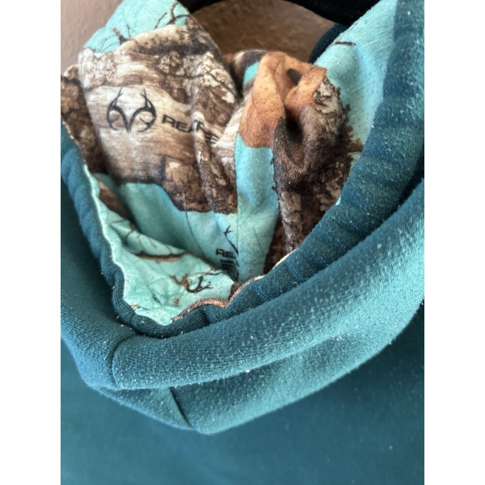 Hoodie Sz M By Realtree Dark Teal With Graphic , Hood Lined In Flannel Print - Picture 4 of 7